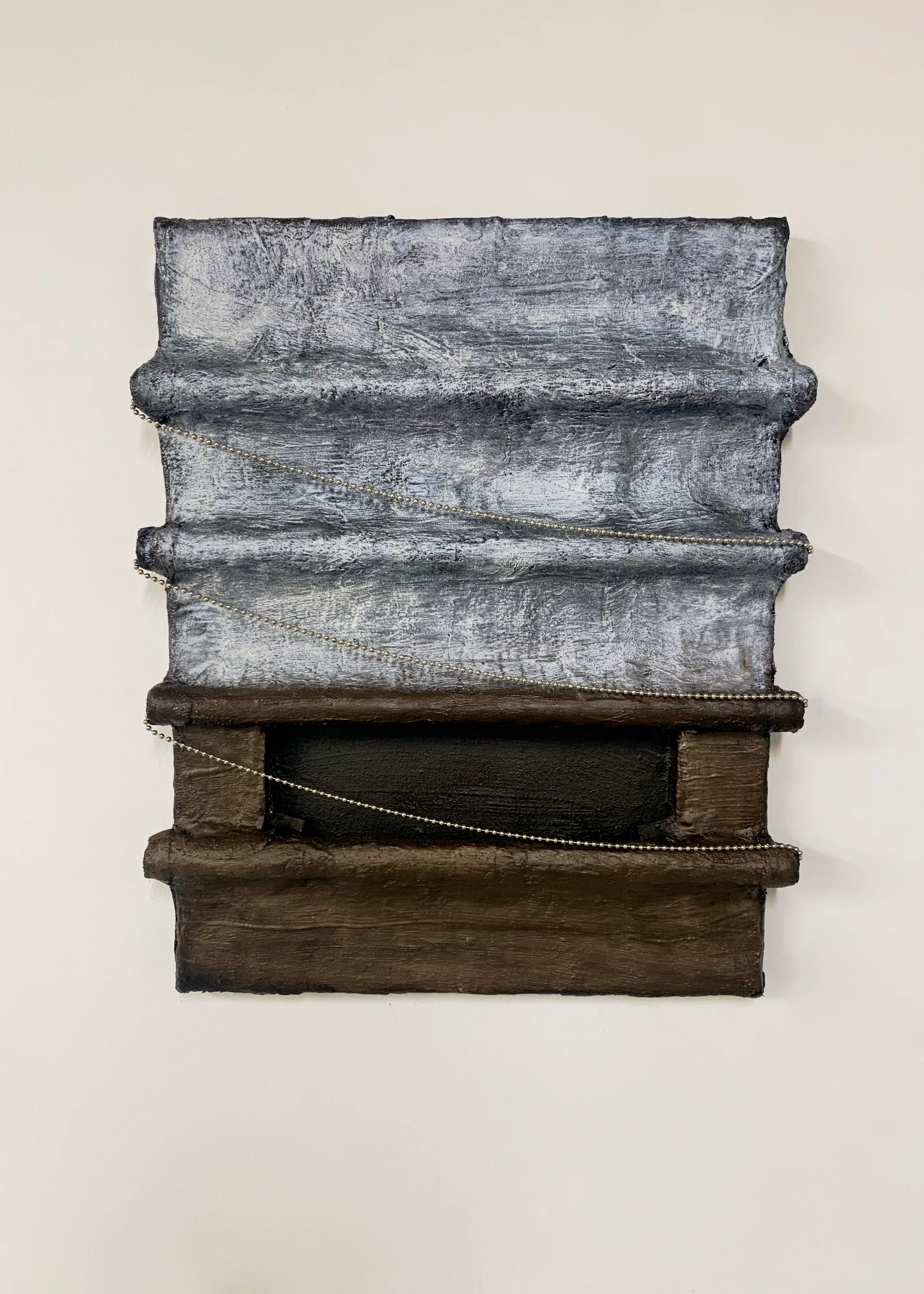 Painting by Rachel Walters in plaster, plumbers pipe, sink chain and oil on canvas