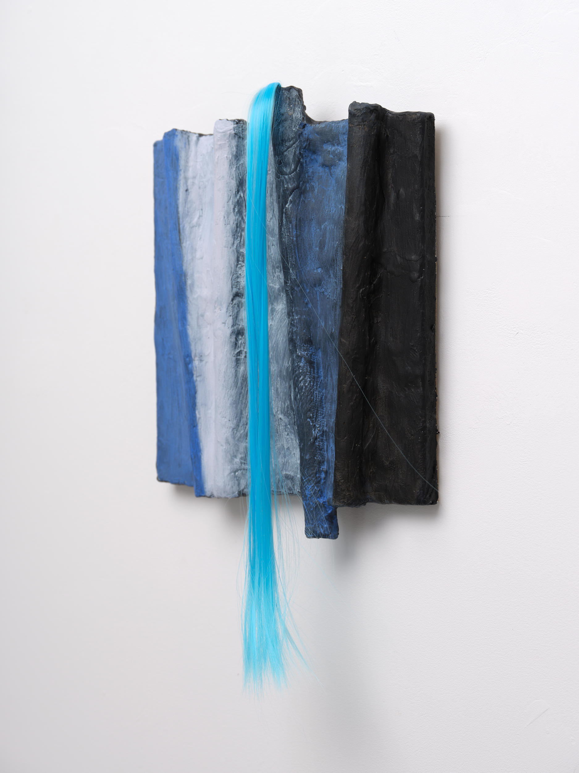 Sculptural painting by Rachel Walters in Plaster bandage, plumbers pipe, acrylic, oil and synthetic hair on stretcher titled Frank