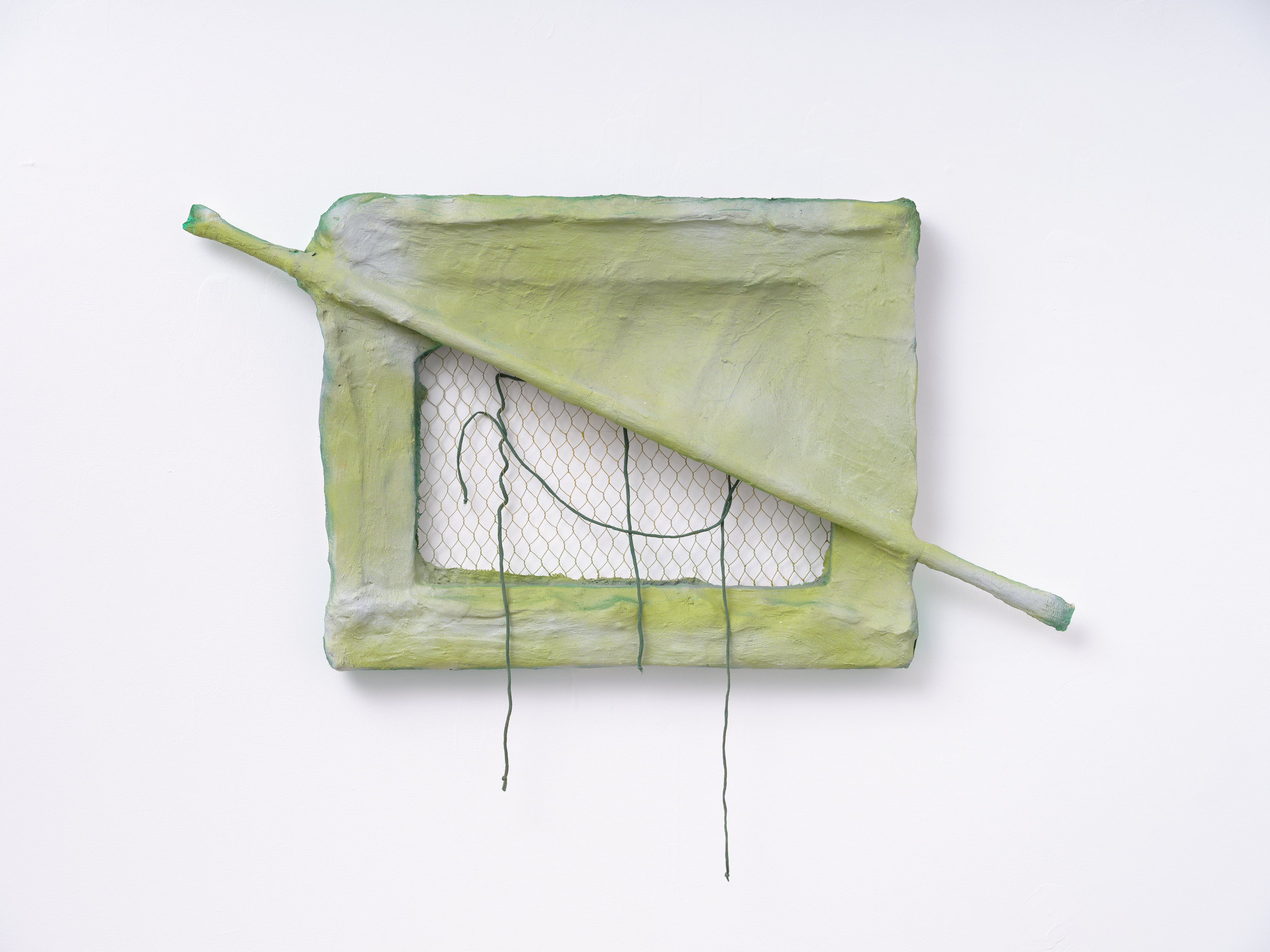 Sculptural painting by Rachel Walters in Plaster bandage, chicken wire, plumbers pipe, oil, acrylic and silk thread on stretcher titled Another Human