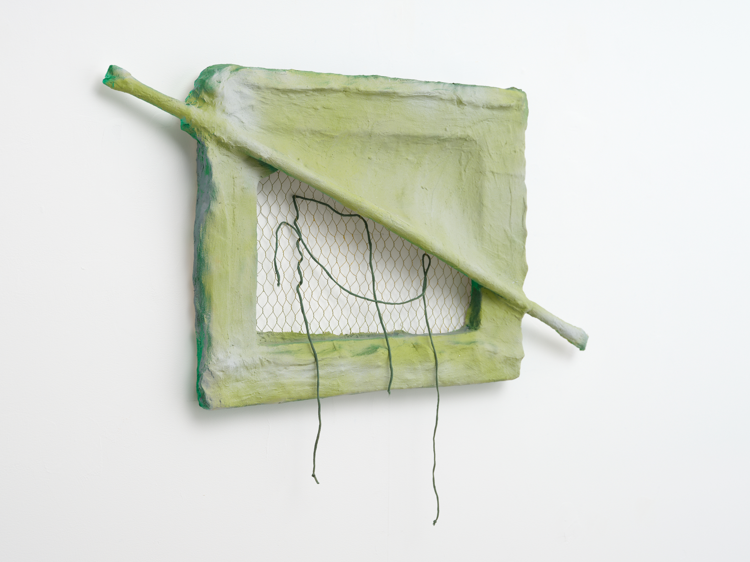 Sculptural painting by Rachel Walters in Plaster bandage, chicken wire, plumbers pipe, oil, acrylic and silk thread on stretcher titled Another Human