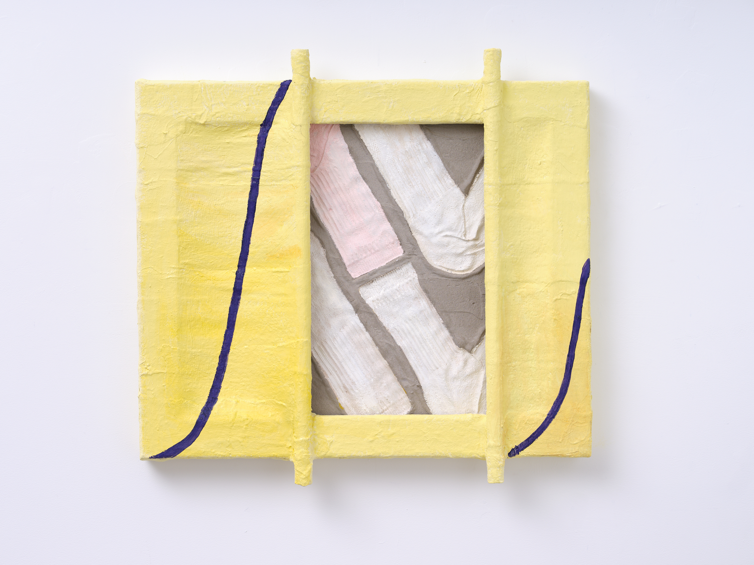 Sculptural painting by Rachel Walters in Plaster bandage, plumbers pipe, concrete, and oil on canvas titled Potentially