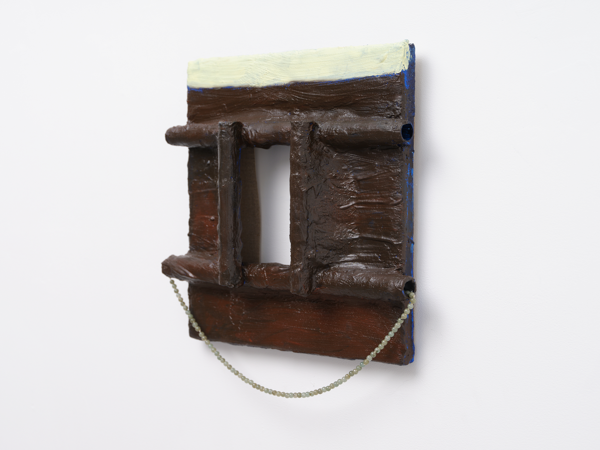 Sculptural painting by Rachel Walters in Plaster bandage, plumbers pipe, oil and necklace on stretcher titled Wishing. Well.