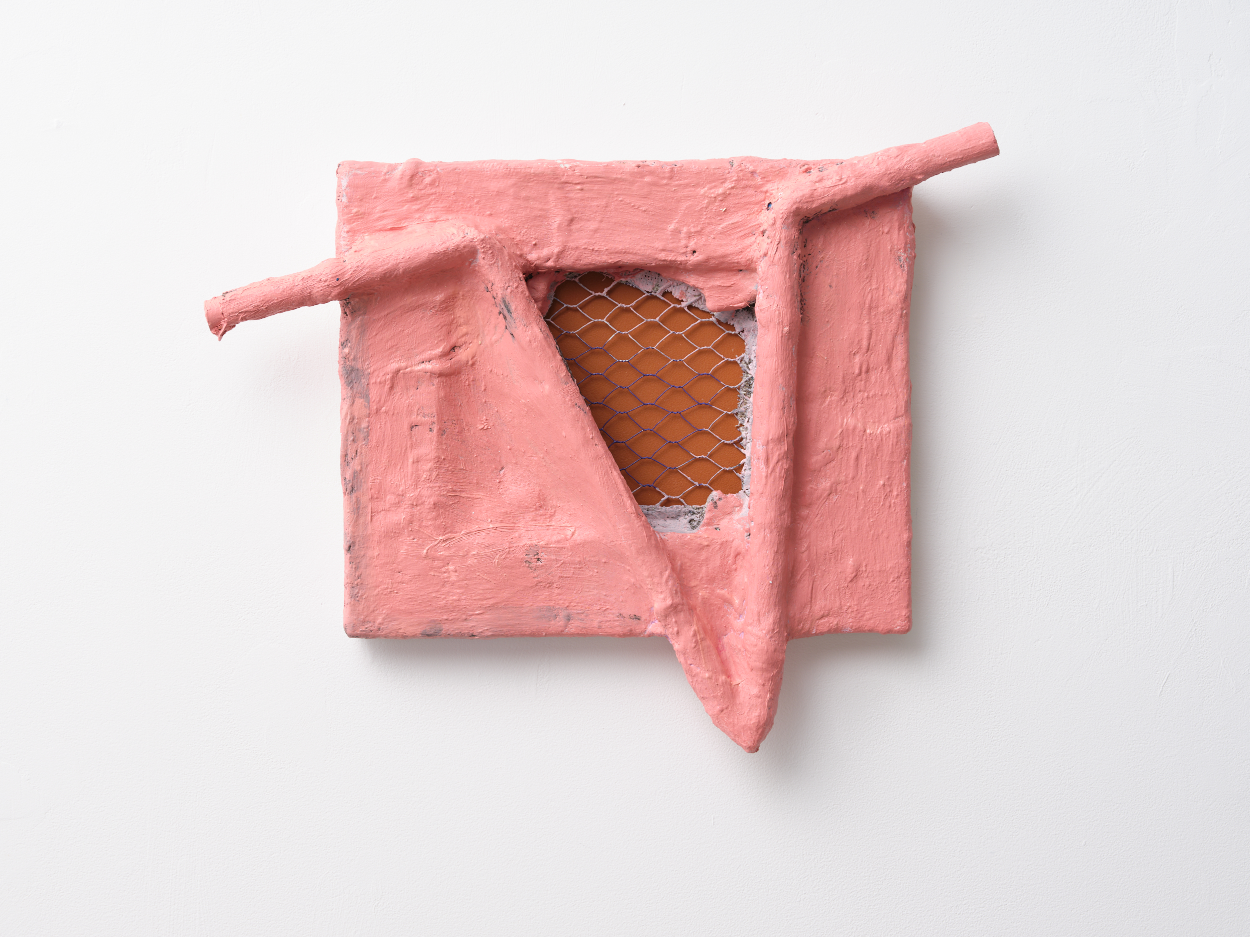 Sculptural painting by Rachel Walters in Plaster bandage, plumbers pipe, chicken wire, leather and oil on stretcher titled Front