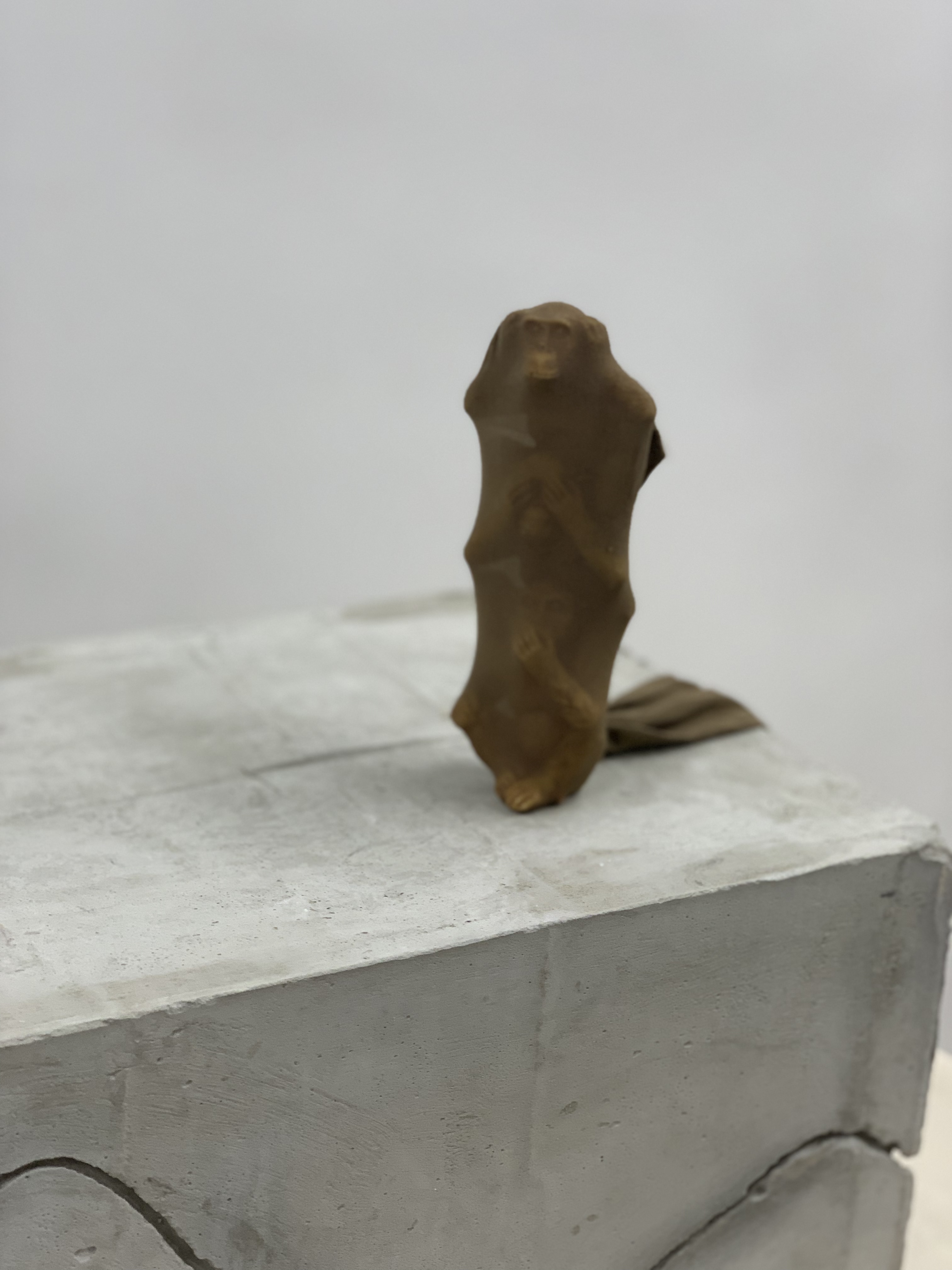 Sculpture by Rachel Walters made up of a found object wearing a stocking on a cast concrete box with detail titled Rosey