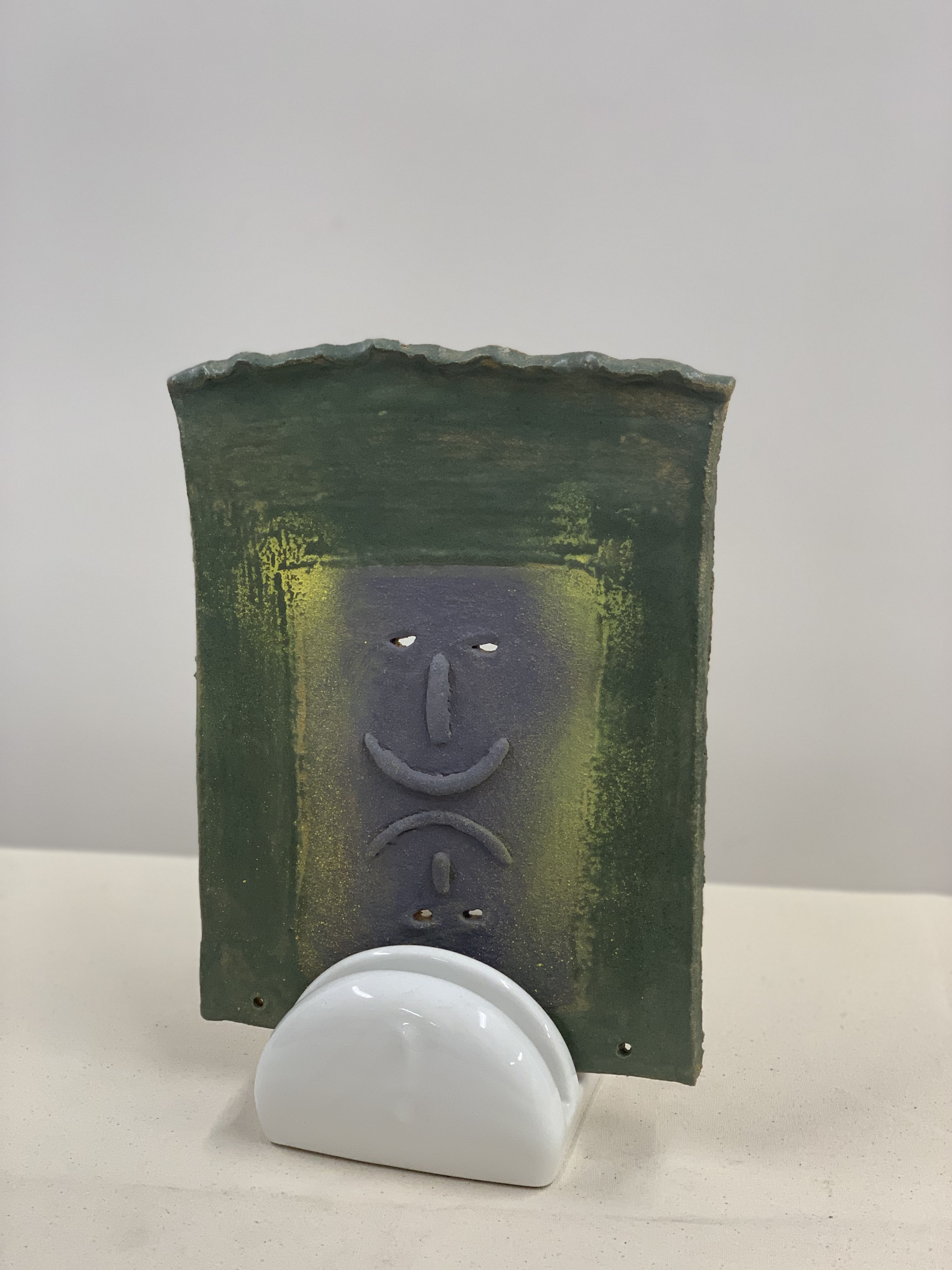 Sculpture by Rachel Walters in glazed stoneware placed with found ceramic titled Bert and Ernie