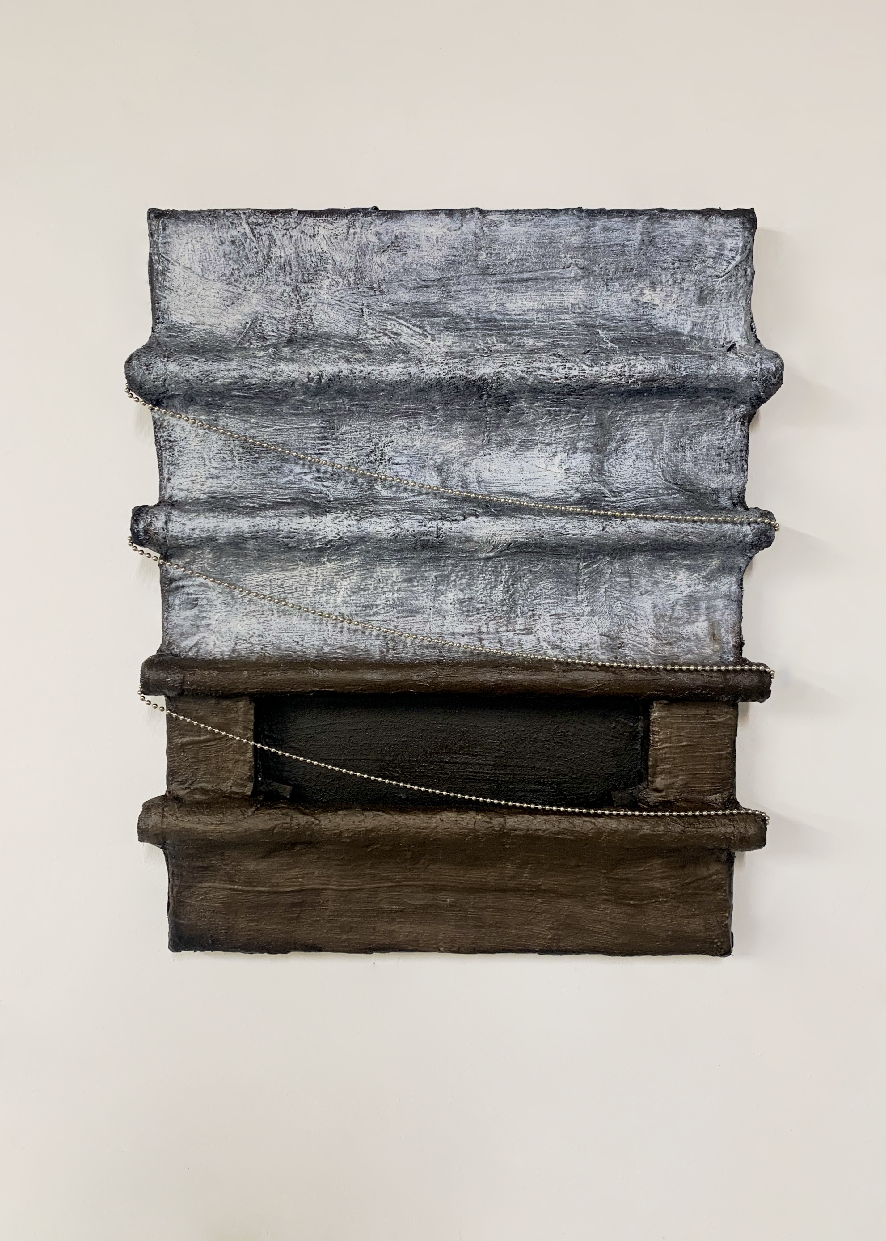 Painting by Rachel Walters in plaster, plumbers pipe, sink chain and oil on canvas